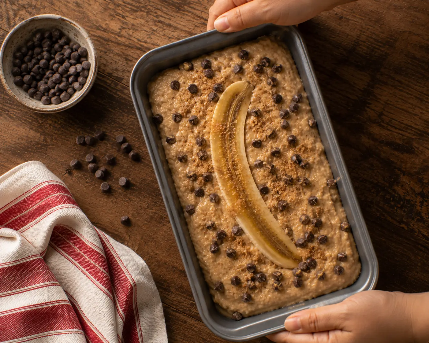 Banana bread garni de banane et pépites prêt à enfourner