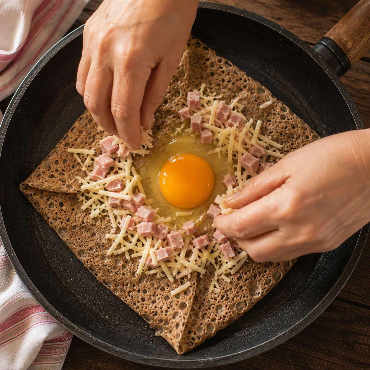 Jambon et fromage râpé disposés autour de l'œuf sur une galette