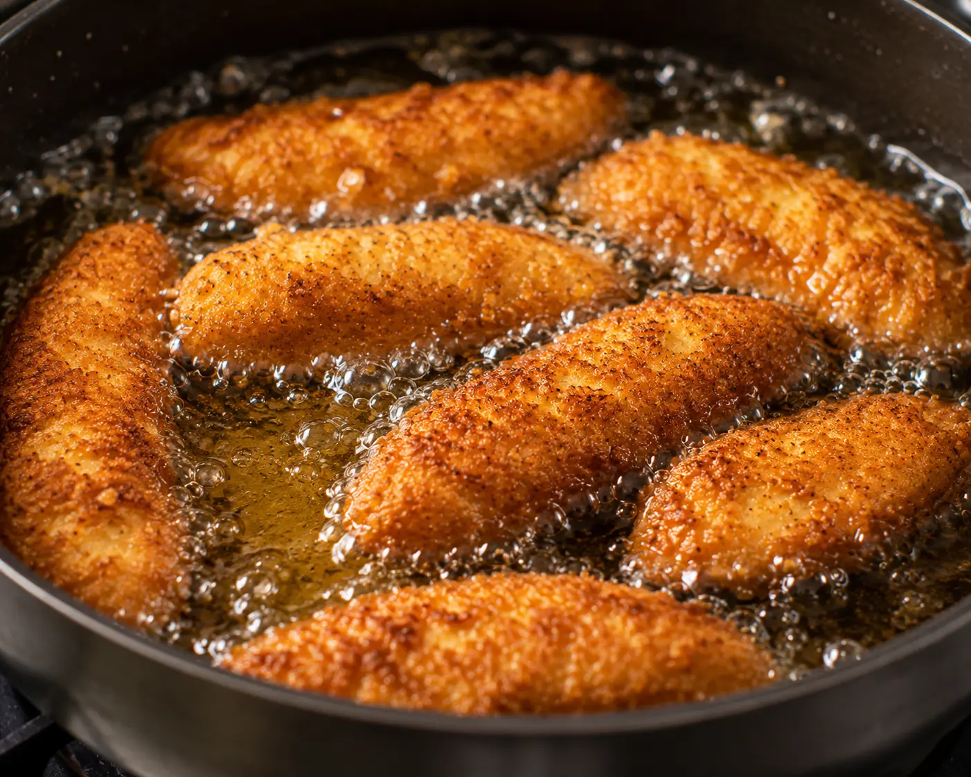 Aiguillettes de poulet panées frisant dans l'huile chaude