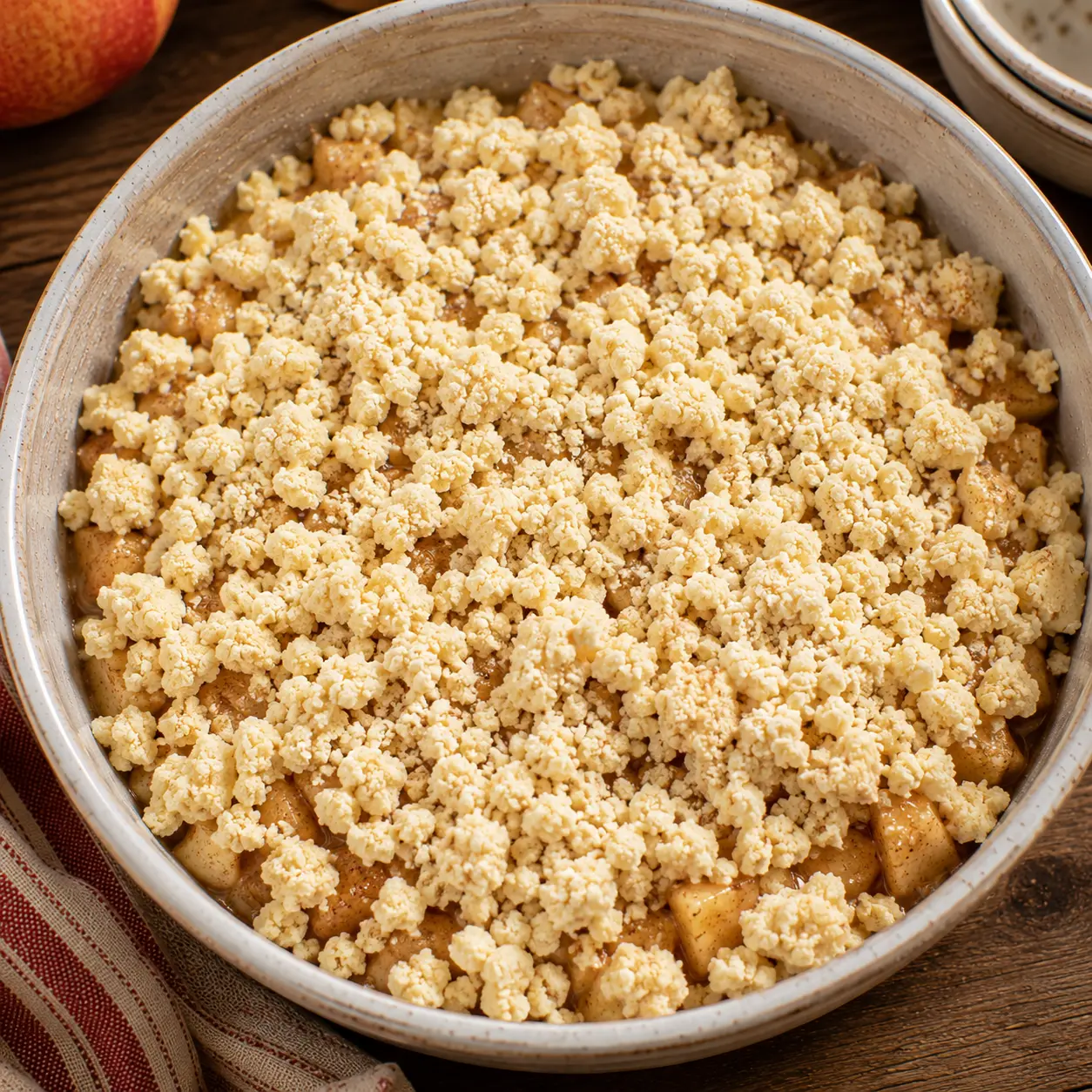 Crumble aux pommes doré sortant du four