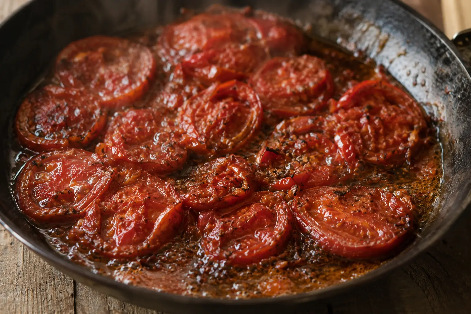 Tomates provençales mijotant à découvert dans une sauce épaisse et parfumée