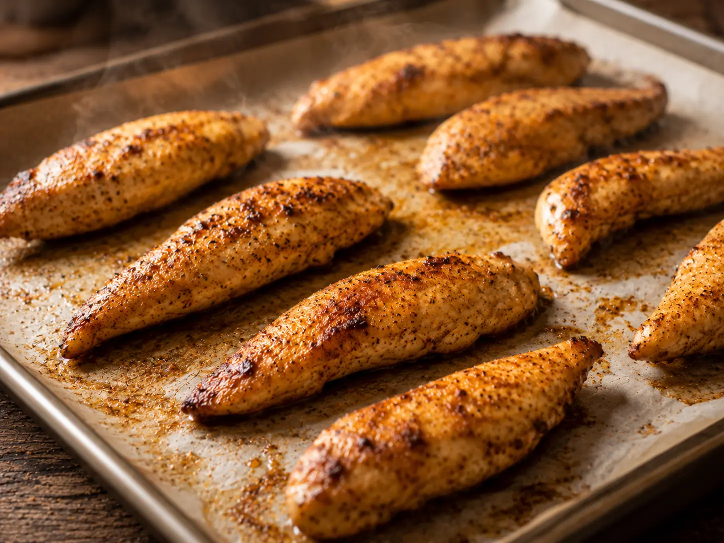 Aiguillettes de poulet dorées sortant du four