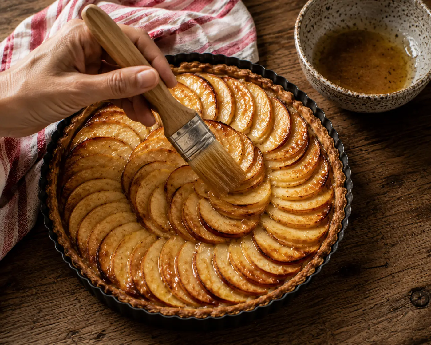 Tarte aux pommes badigeonnée de beurre-miel avant cuisson