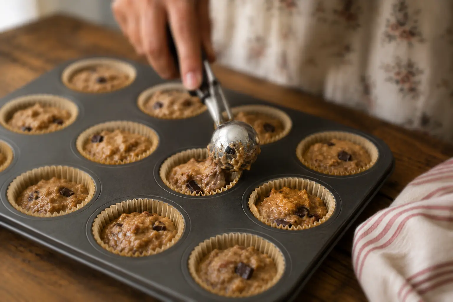 Pâte à muffins répartie dans un moule à l'aide d'une cuillère à crème glacée