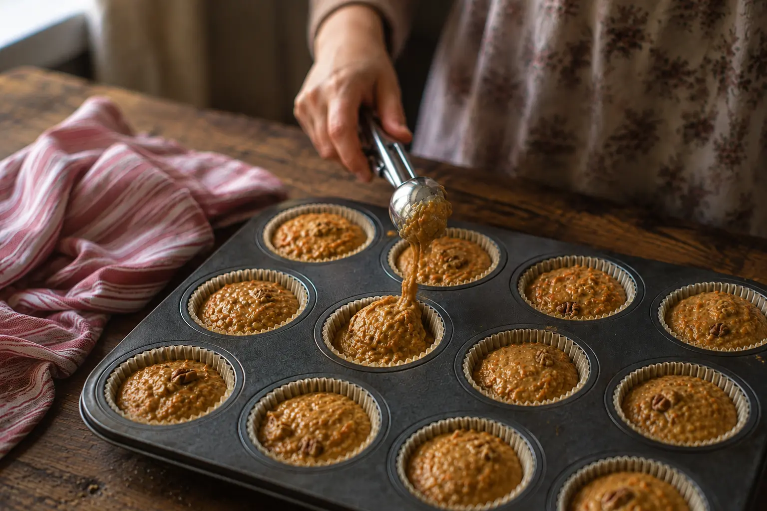 Pâte aux carottes répartie dans un moule à muffins à l'aide d'une cuillère à crème glacée
