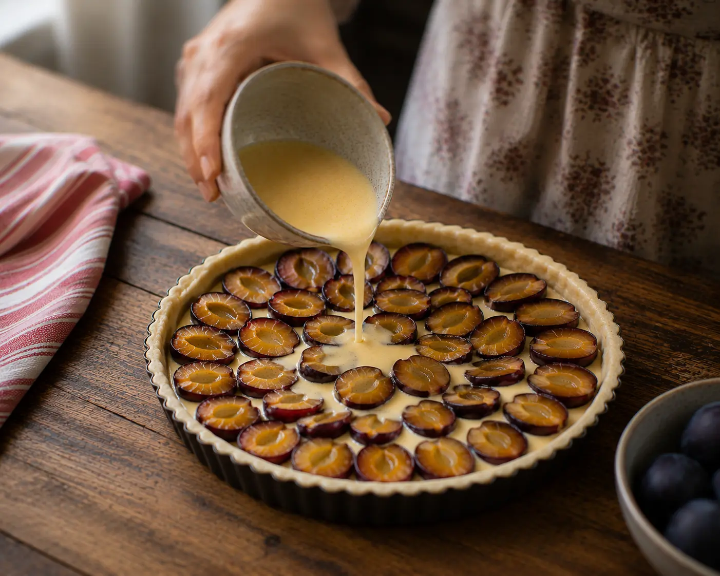 Appareil aux oeufs et à la crème versé délicatement sur les prunes disposées