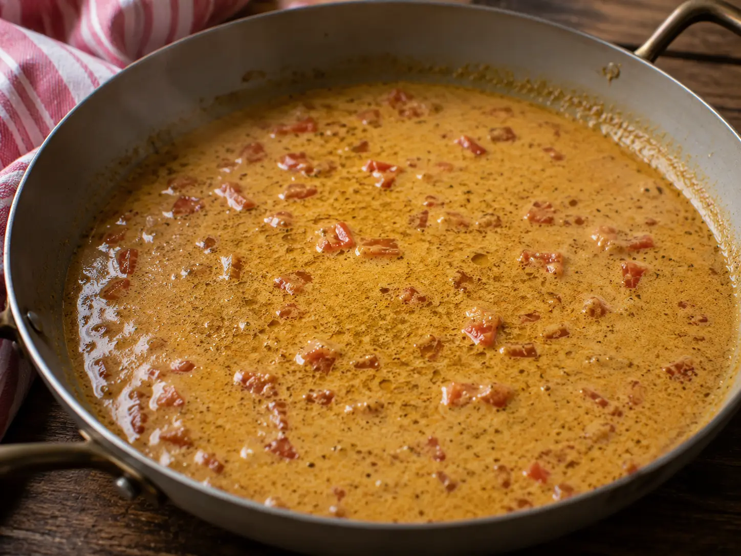 Sauce au curry et lait de coco mijotant avec des cubes de tomate
