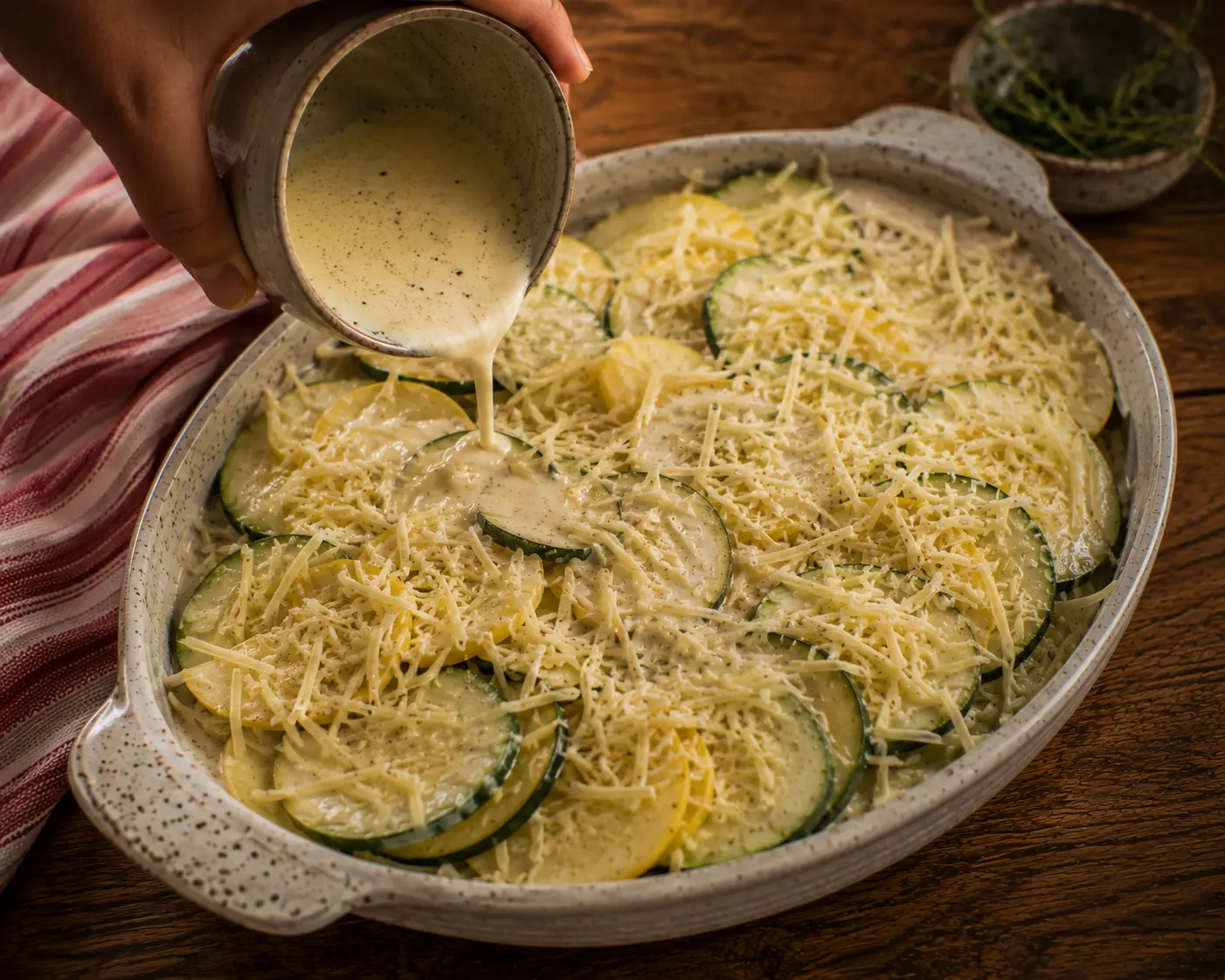 Appareil à la crème et muscade versé sur le gratin avant enfournement