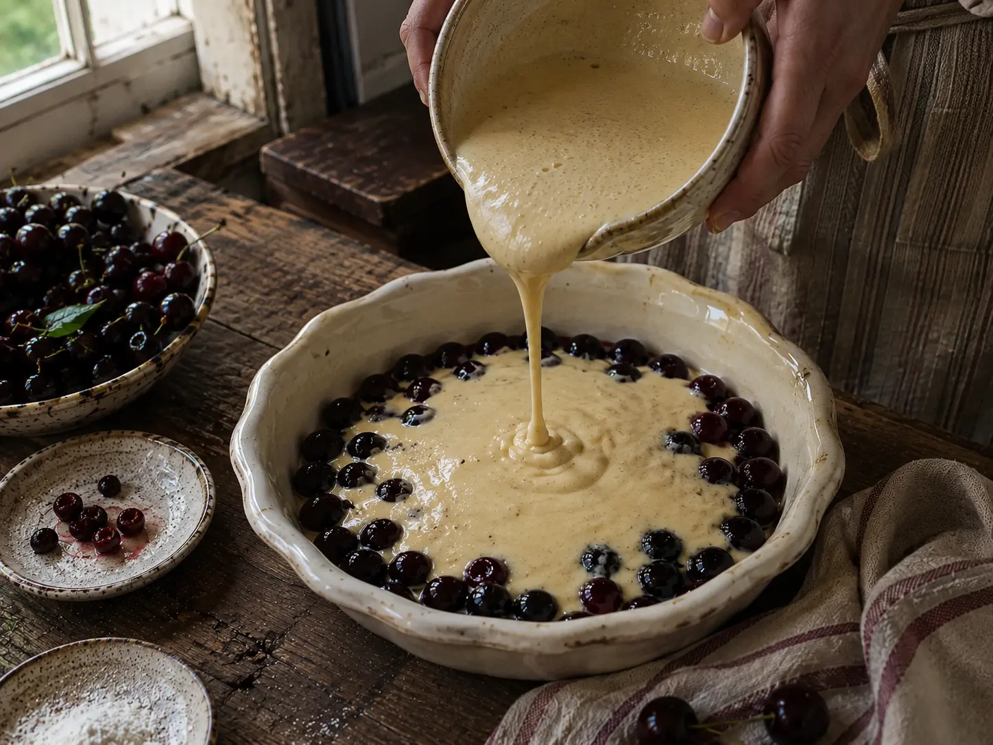 Clafoutis aux cerises assemblé avant la cuisson au four