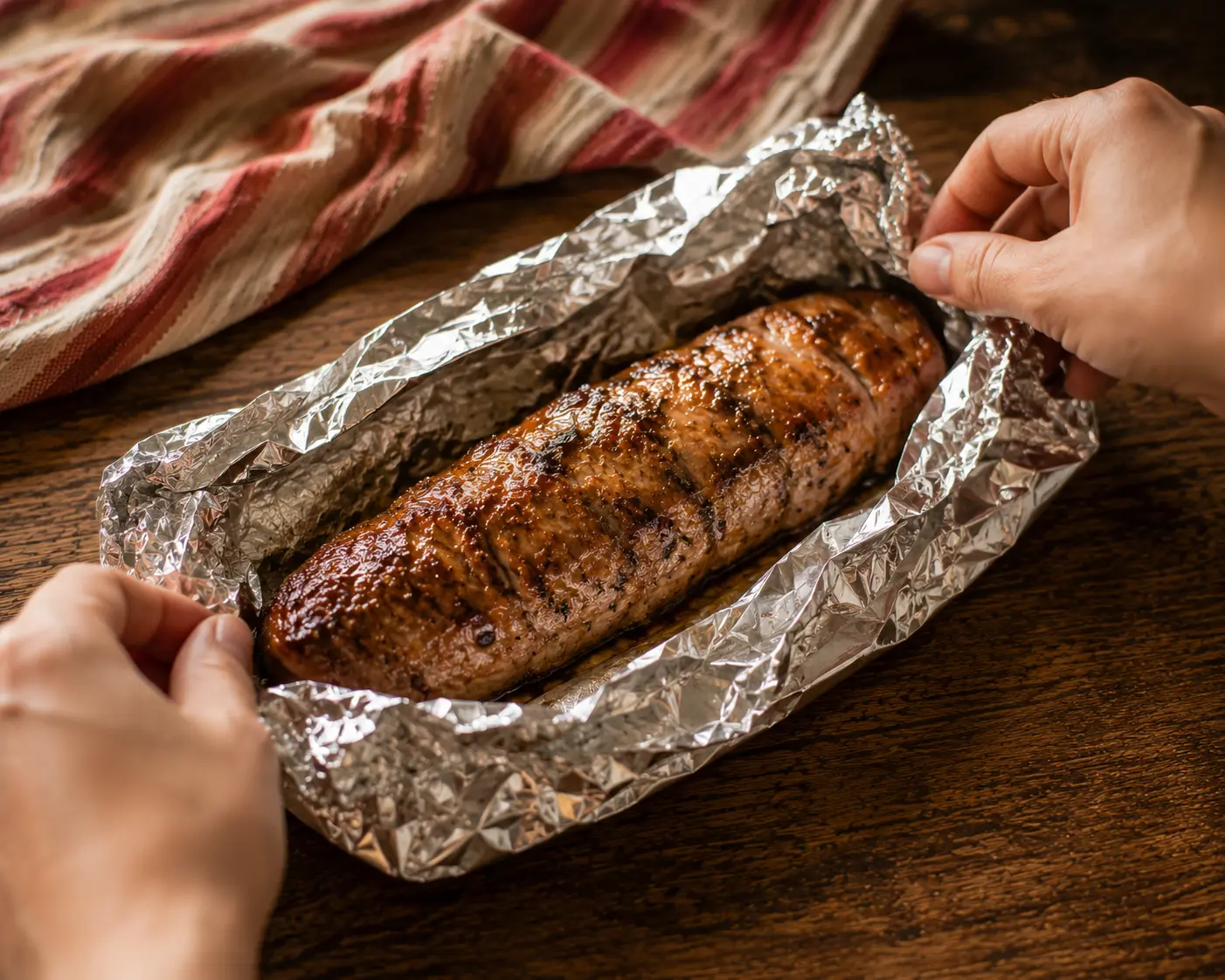 Filet mignon grillé enveloppé lâchement dans du papier aluminium pour le repos