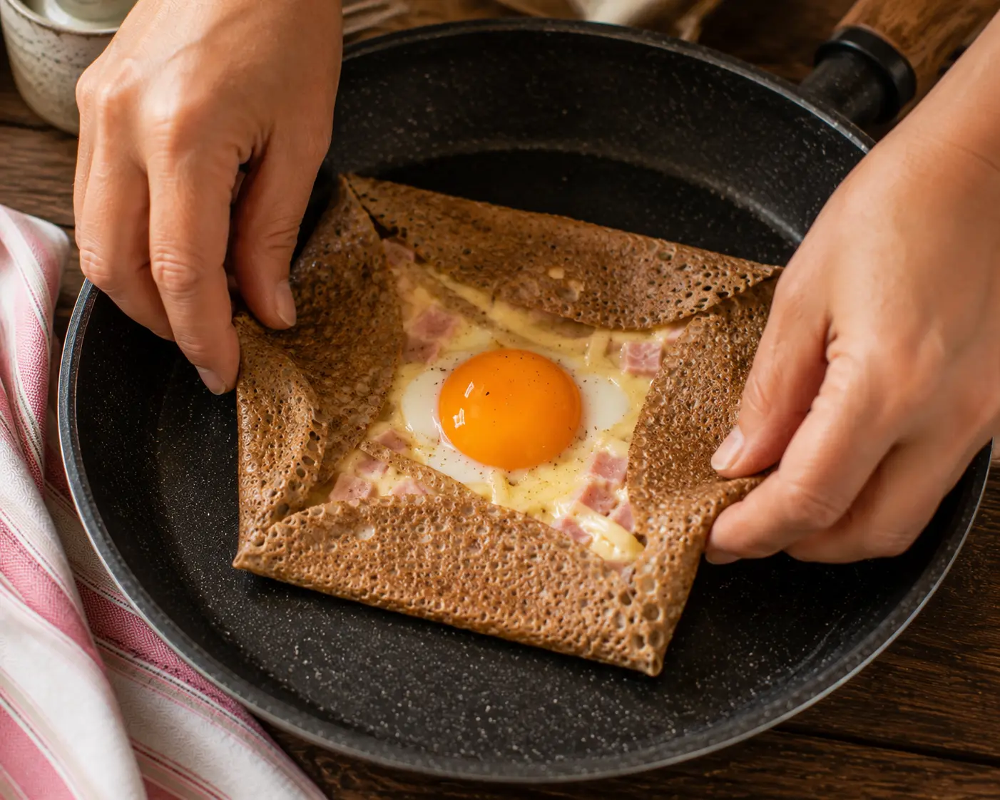 Pliage d'une galette complète au sarrasin avec jaune visible