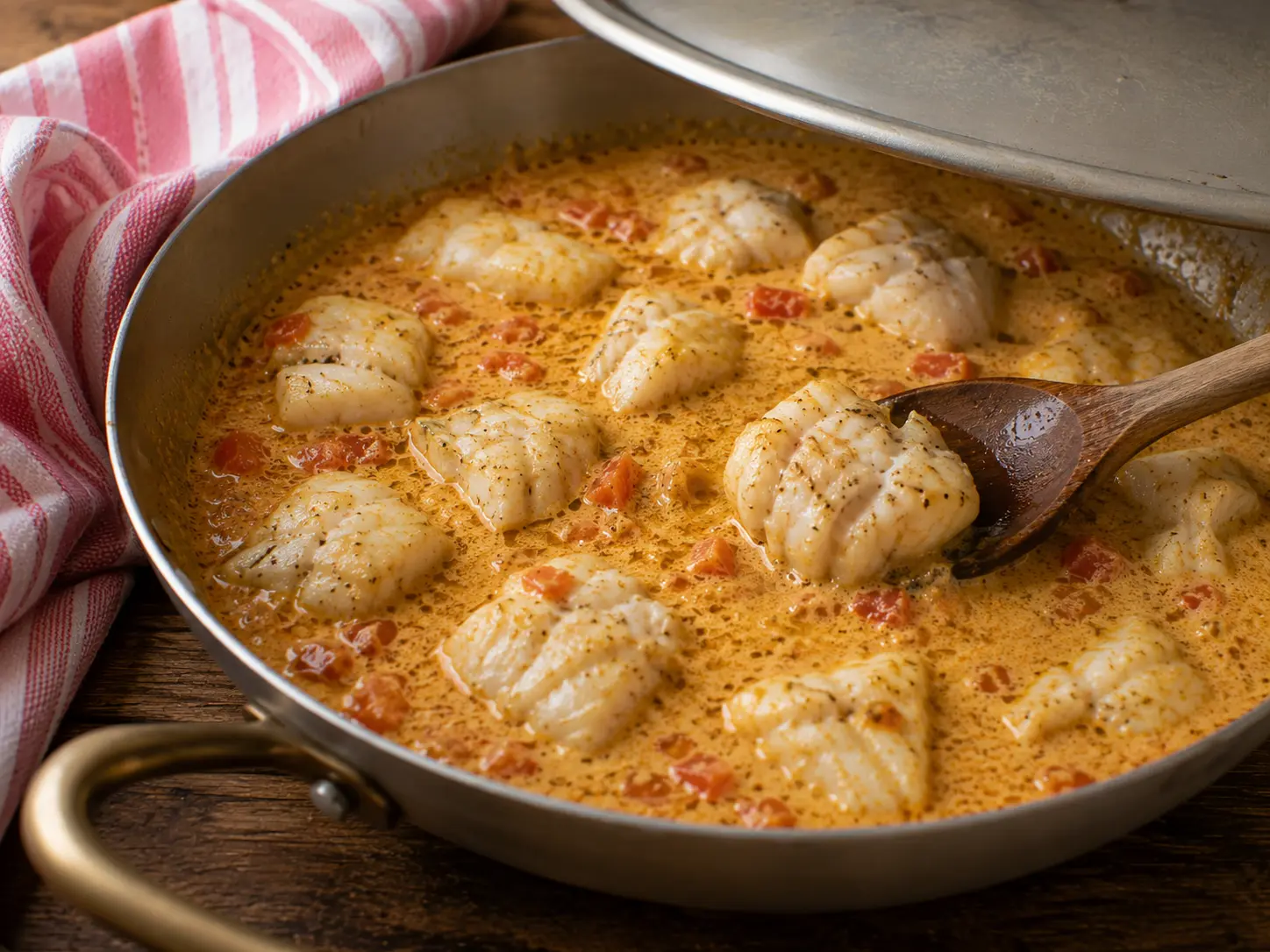 Morceaux de lotte pochés doucement dans la sauce au curry et lait de coco