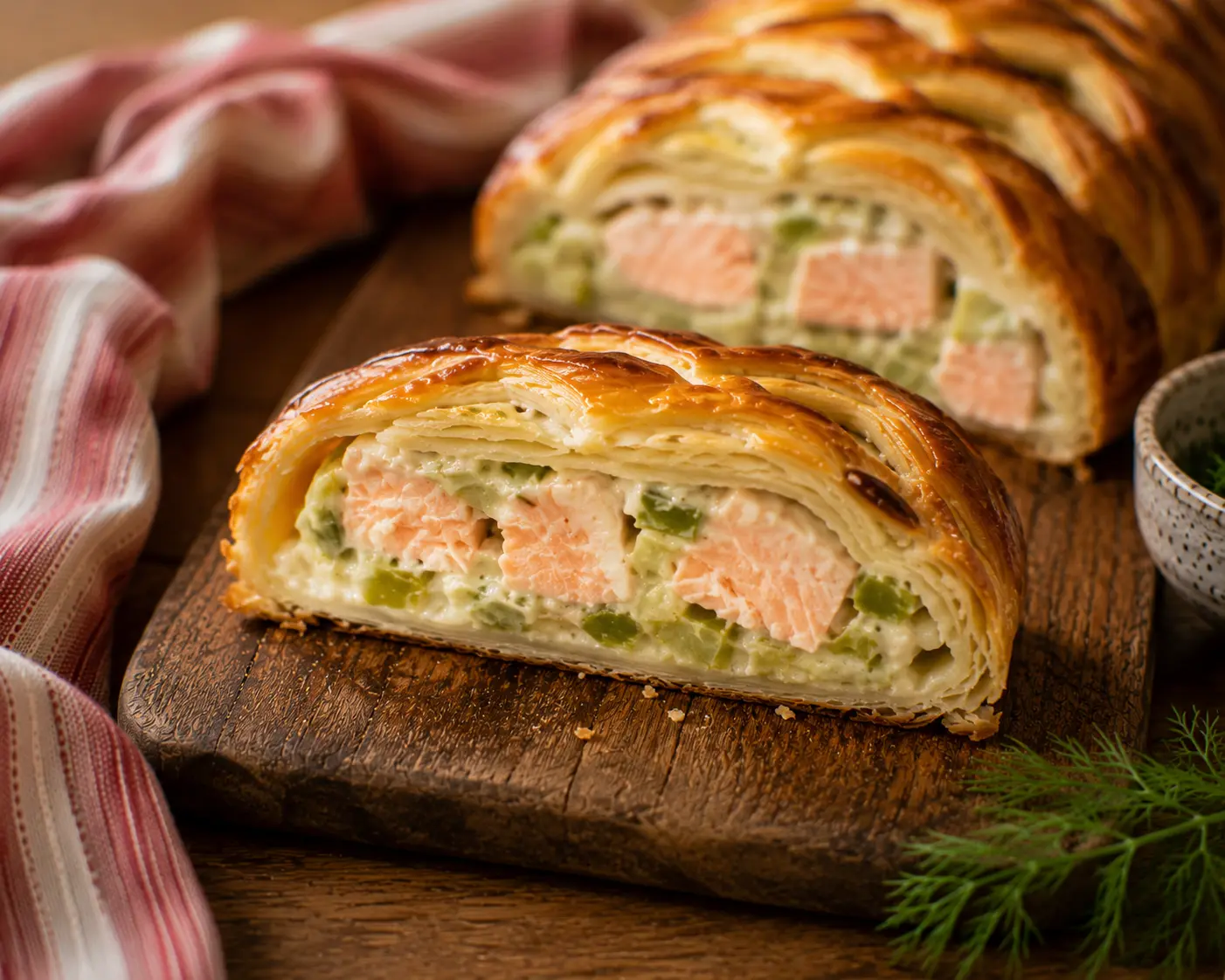 Tranche de feuilleté de saumon aux poireaux servie sur une planche en bois