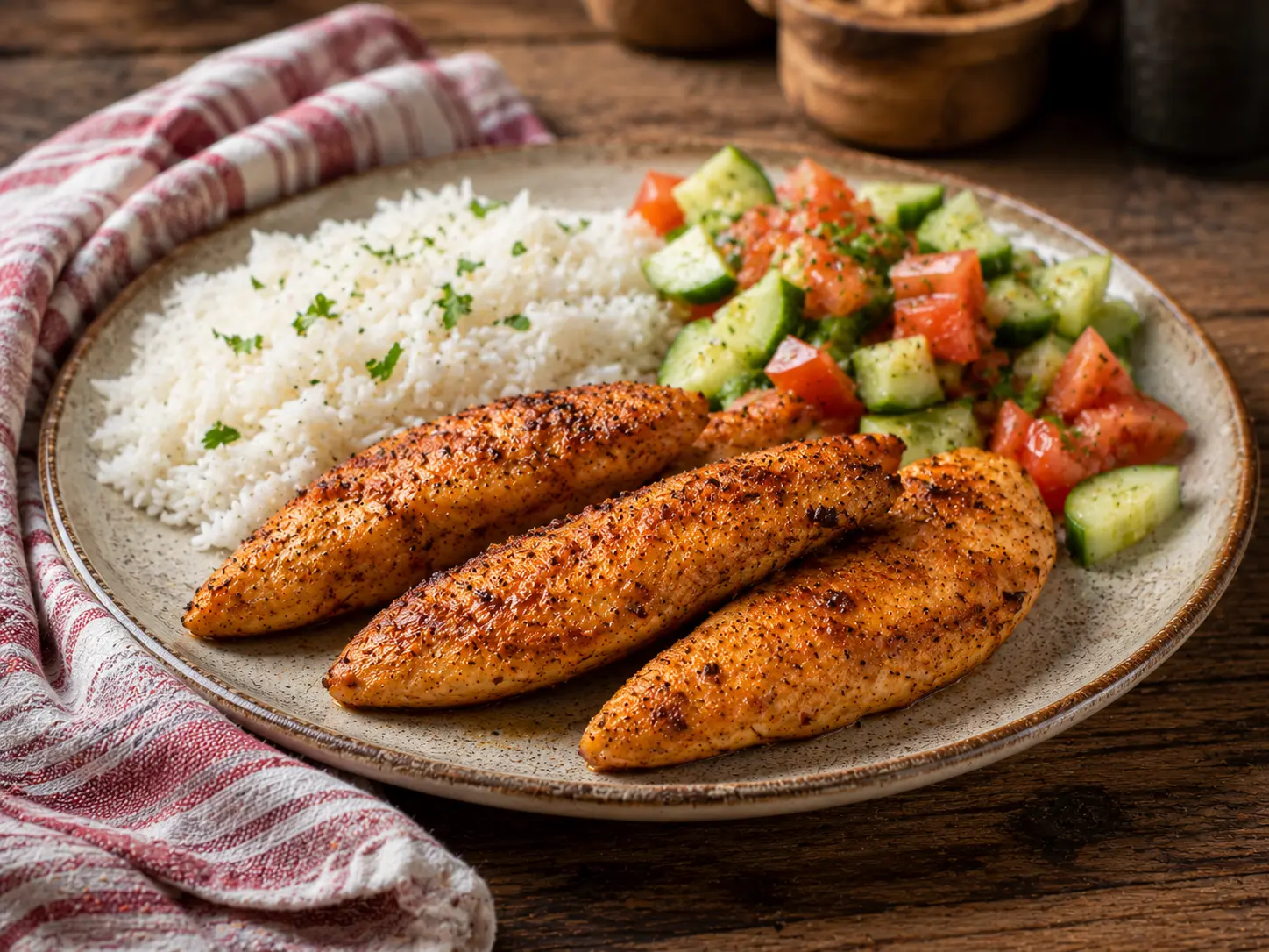 Aiguillettes de poulet marinées servies avec riz et salade