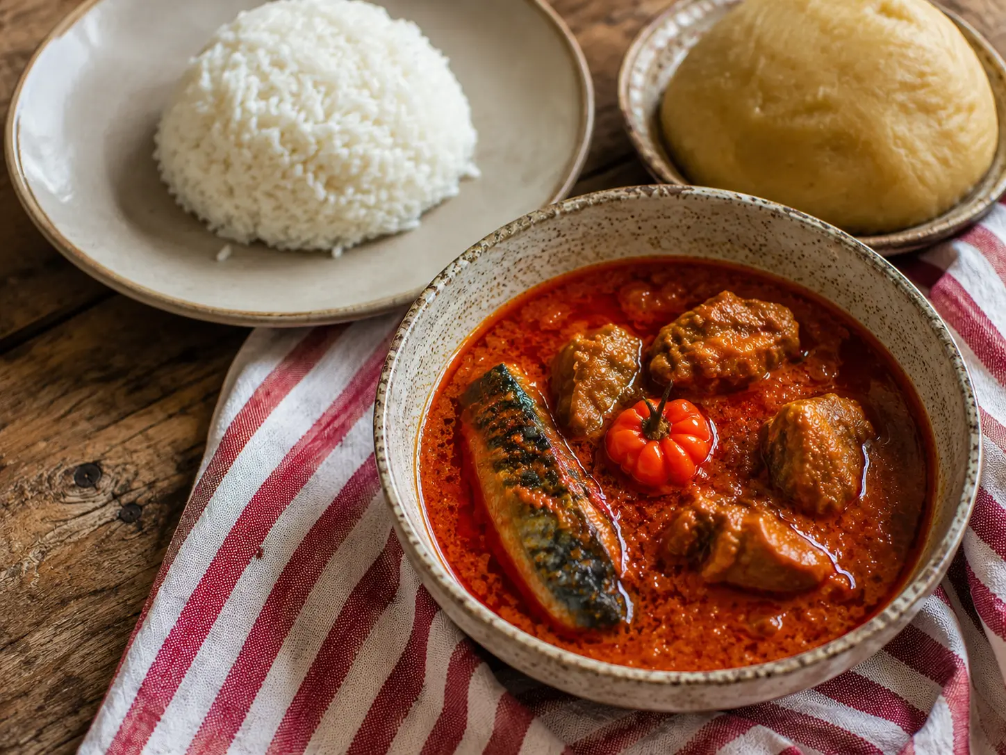 Sauce graine ivoirienne servie avec foutou et riz blanc