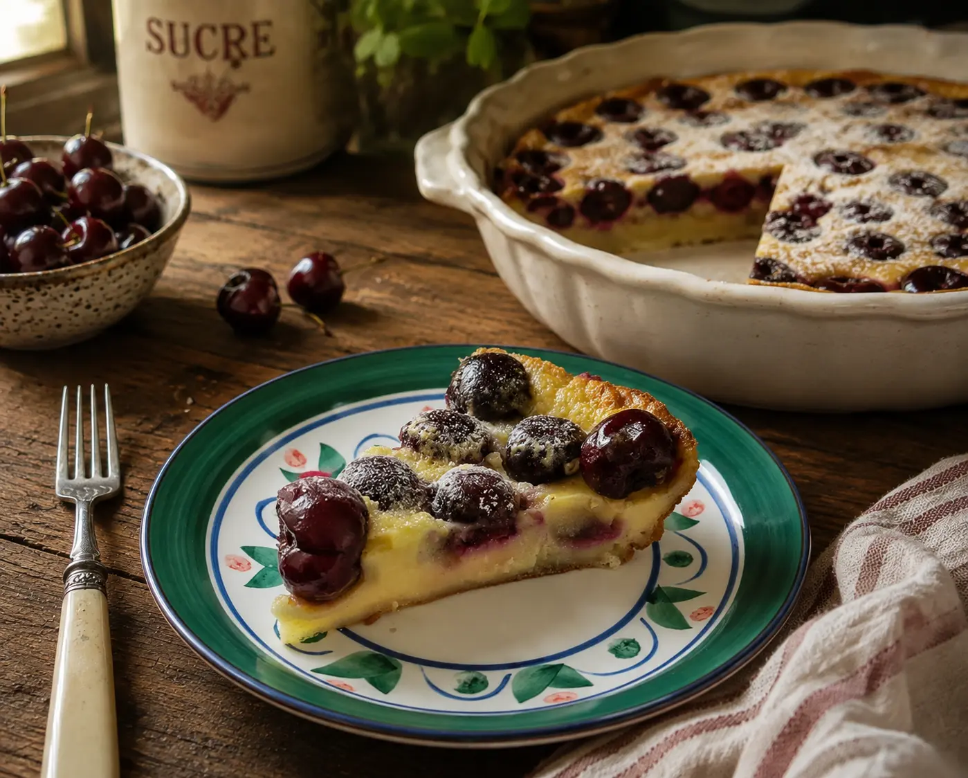 Clafoutis aux cerises prêt à être dégusté, tiède et saupoudré de sucre glace