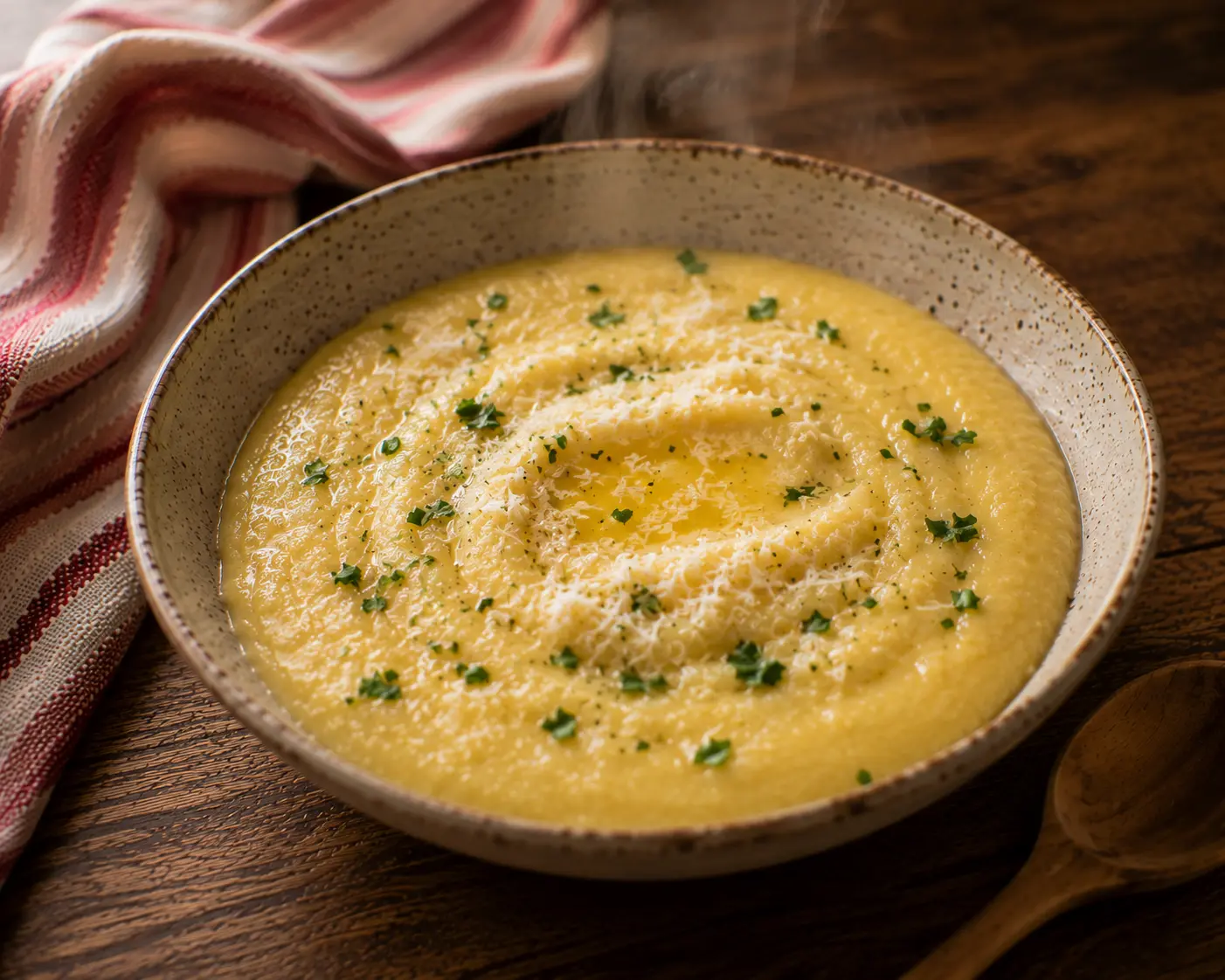 Polenta crémeuse aux herbes servie immédiatement dans un bol