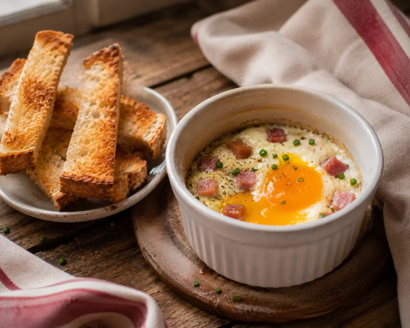 Œuf cocotte au four servi avec mouillettes de pain grillé