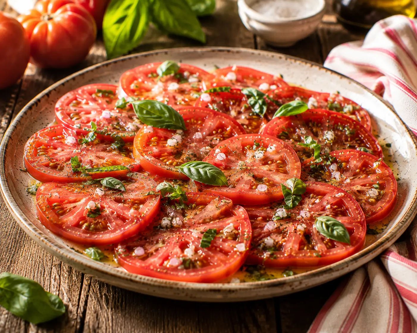 Salade de tomates parfaite servie avec basilic frais