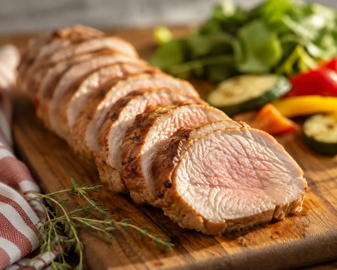 Filet mignon de porc mariné tranché en médaillons sur une planche en bois