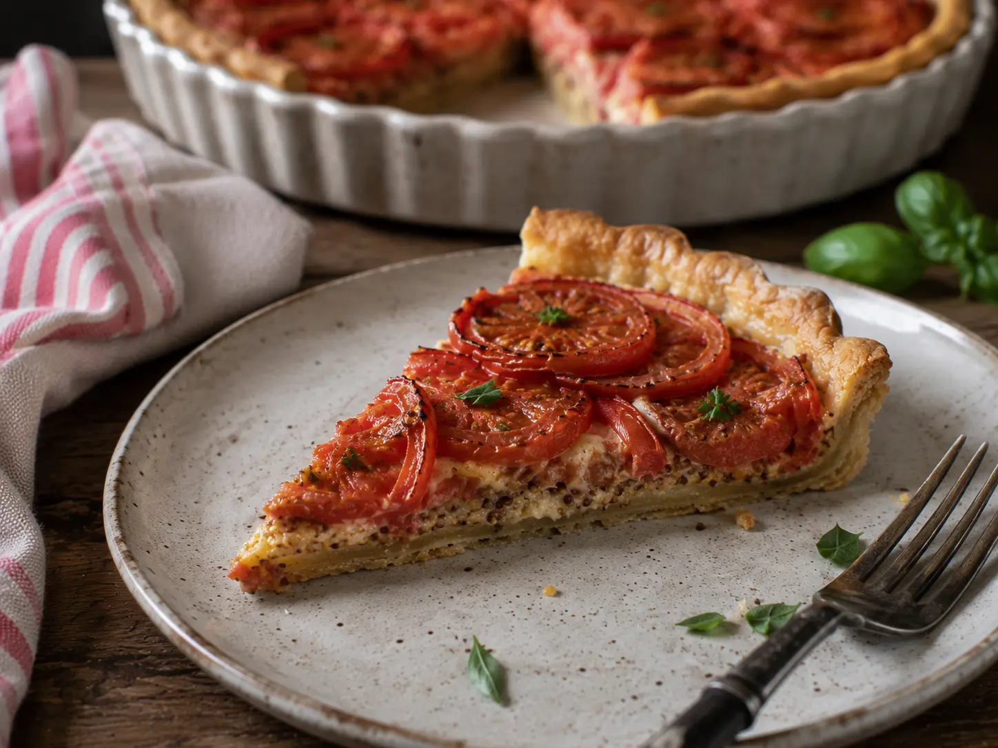 Part de tarte à la tomate et à la moutarde, coupée pour montrer les couches croustillantes