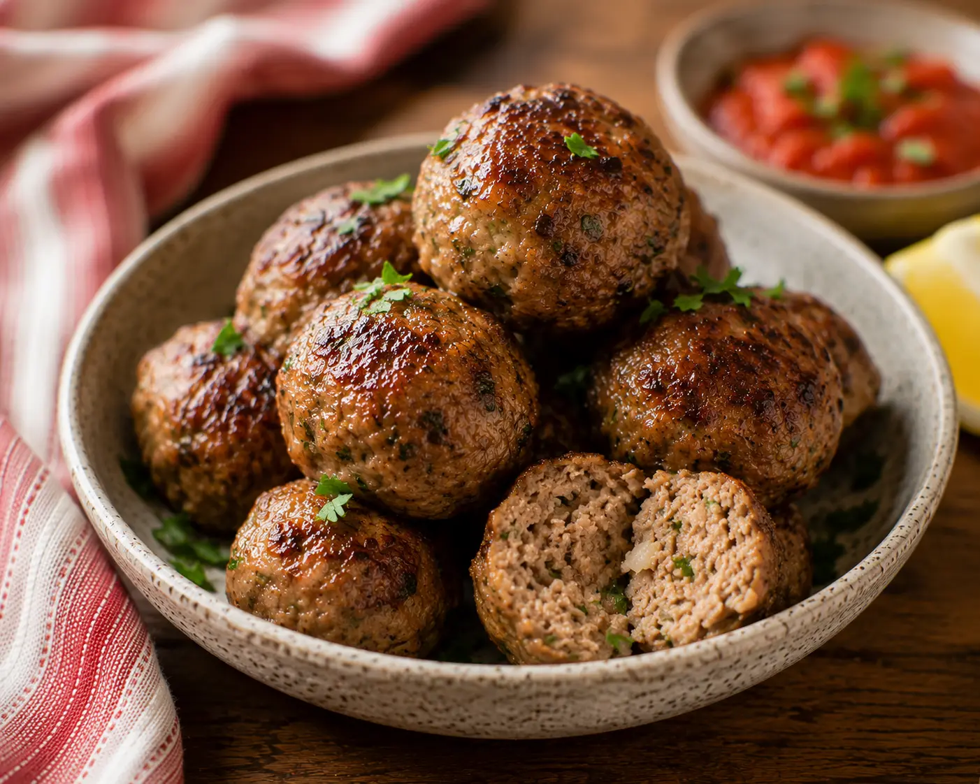 Boulettes de bœuf haché au four servies avec herbes fraîches