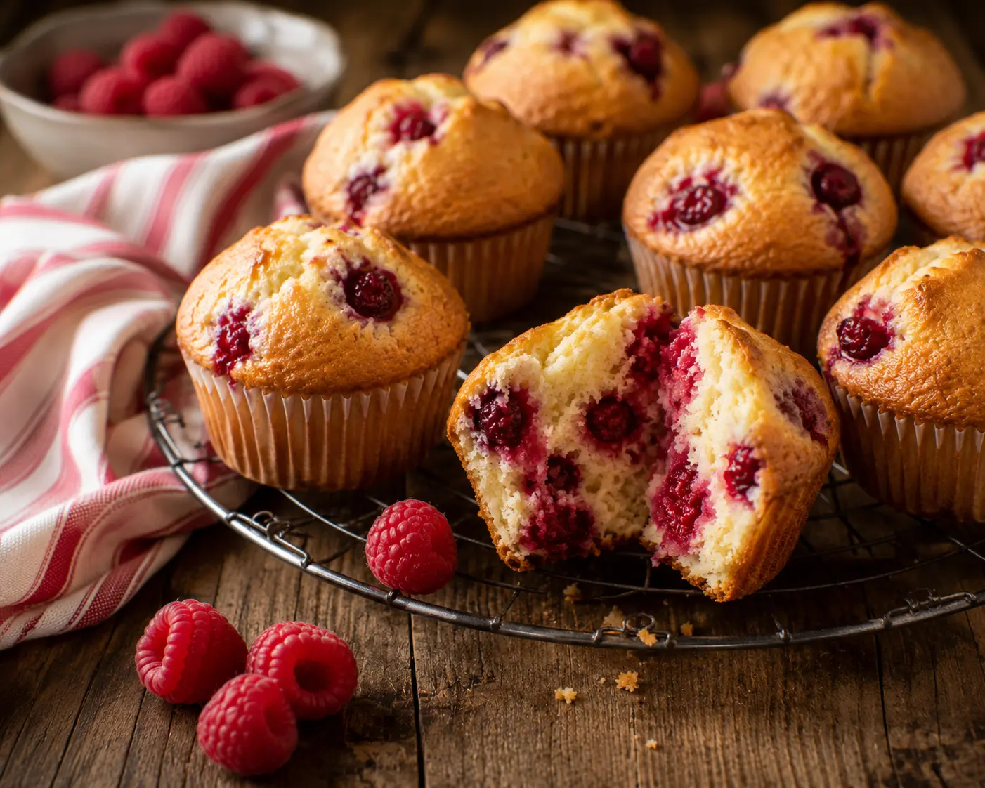 Muffins aux framboises refroidissant sur une grille