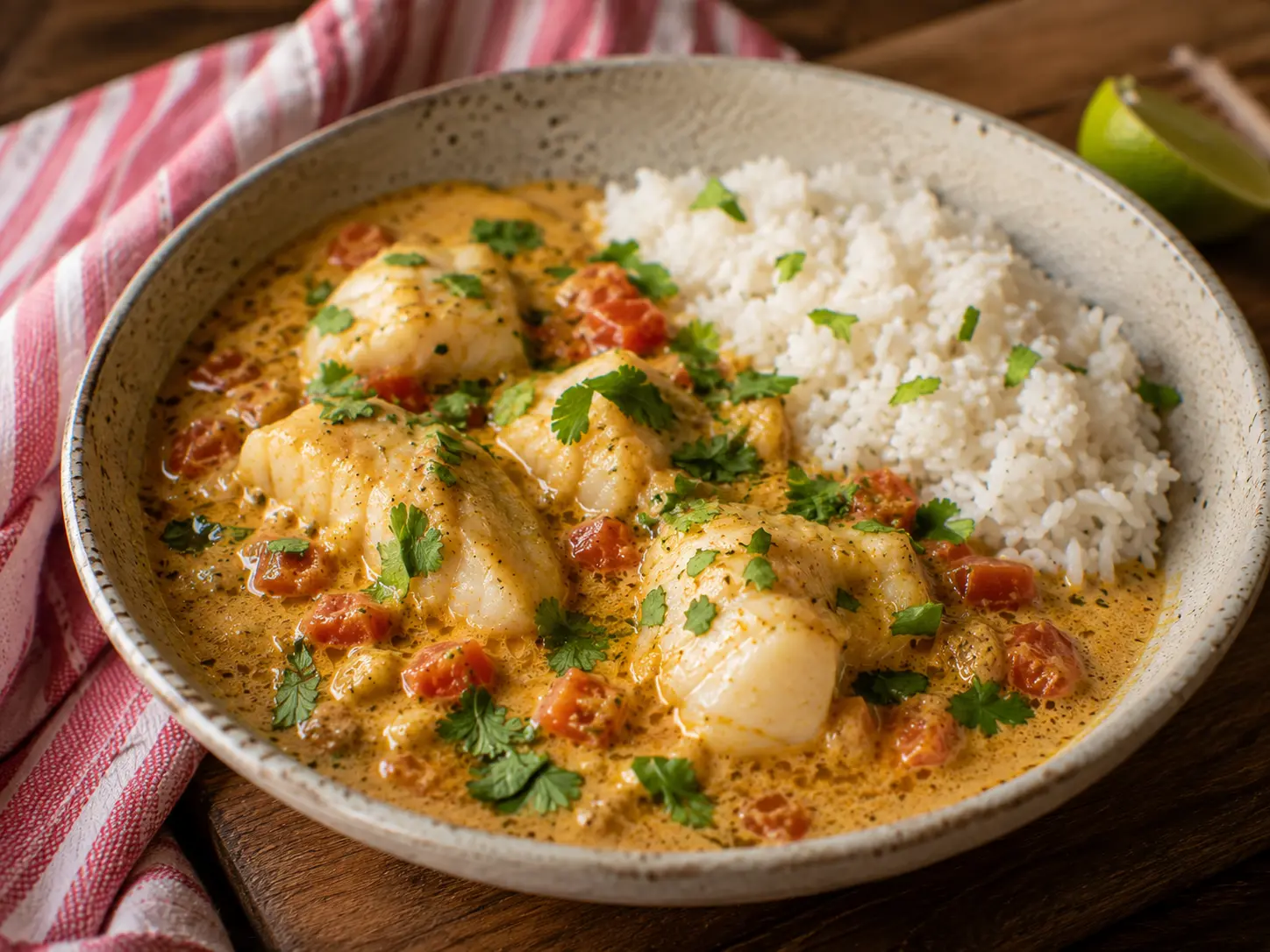 Lotte au curry et au lait de coco servie avec riz et coriandre fraîche