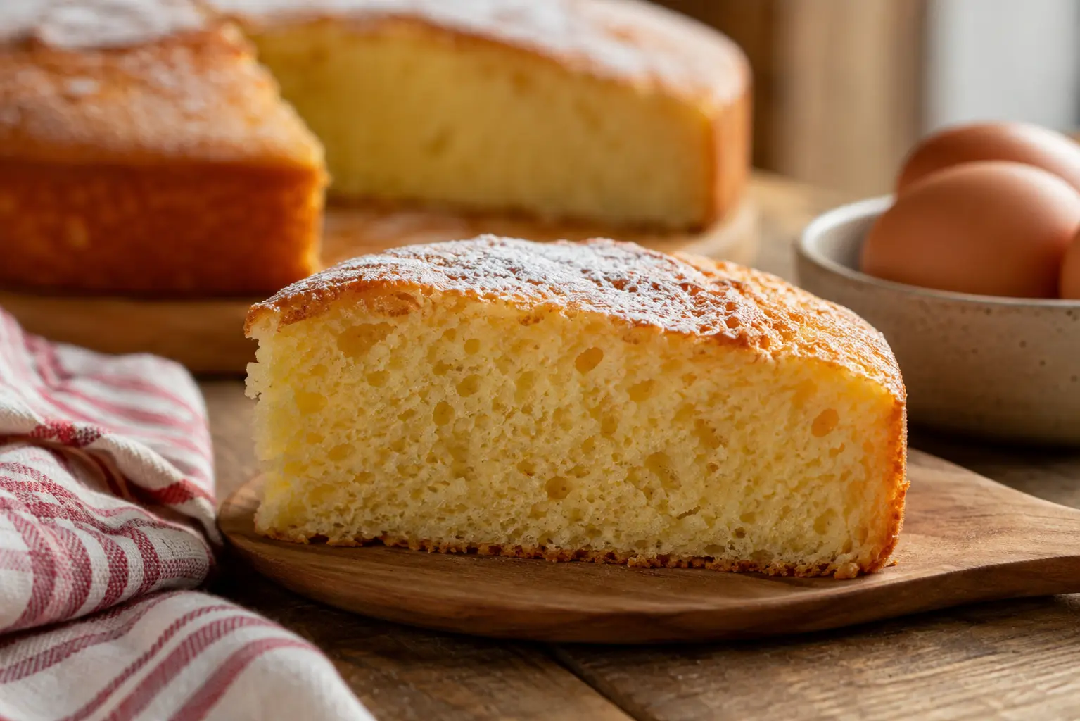Part de gâteau nature moelleux découpée révélant une mie aérienne