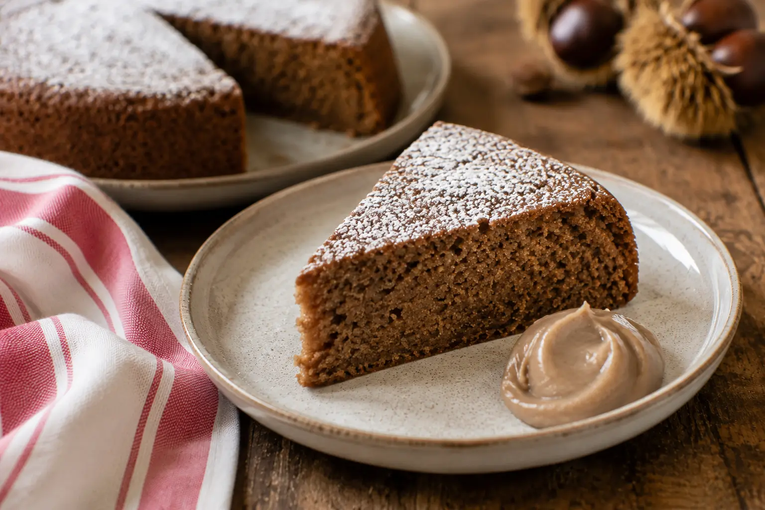 Gâteau à la farine de châtaigne servi avec crème de marron