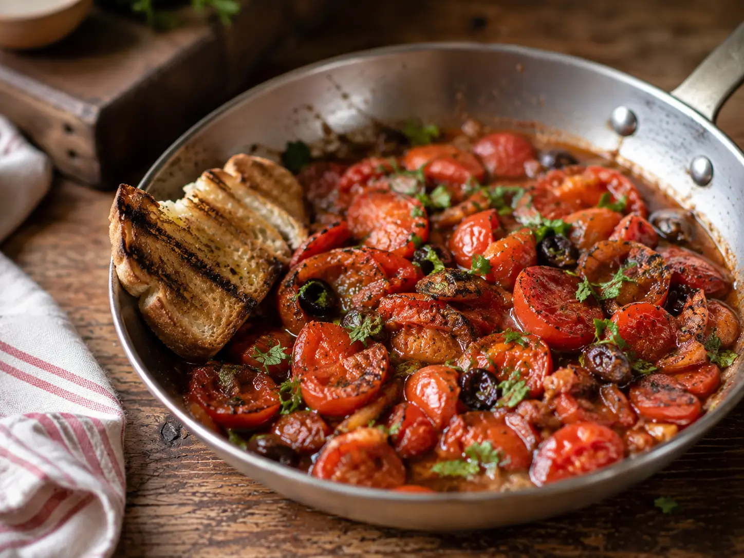 Tomates provençales servies dans la poêle, garnies de persil frais