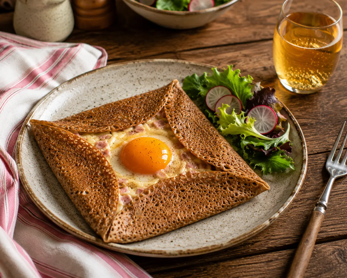 Galette complète au sarrasin servie avec cidre
