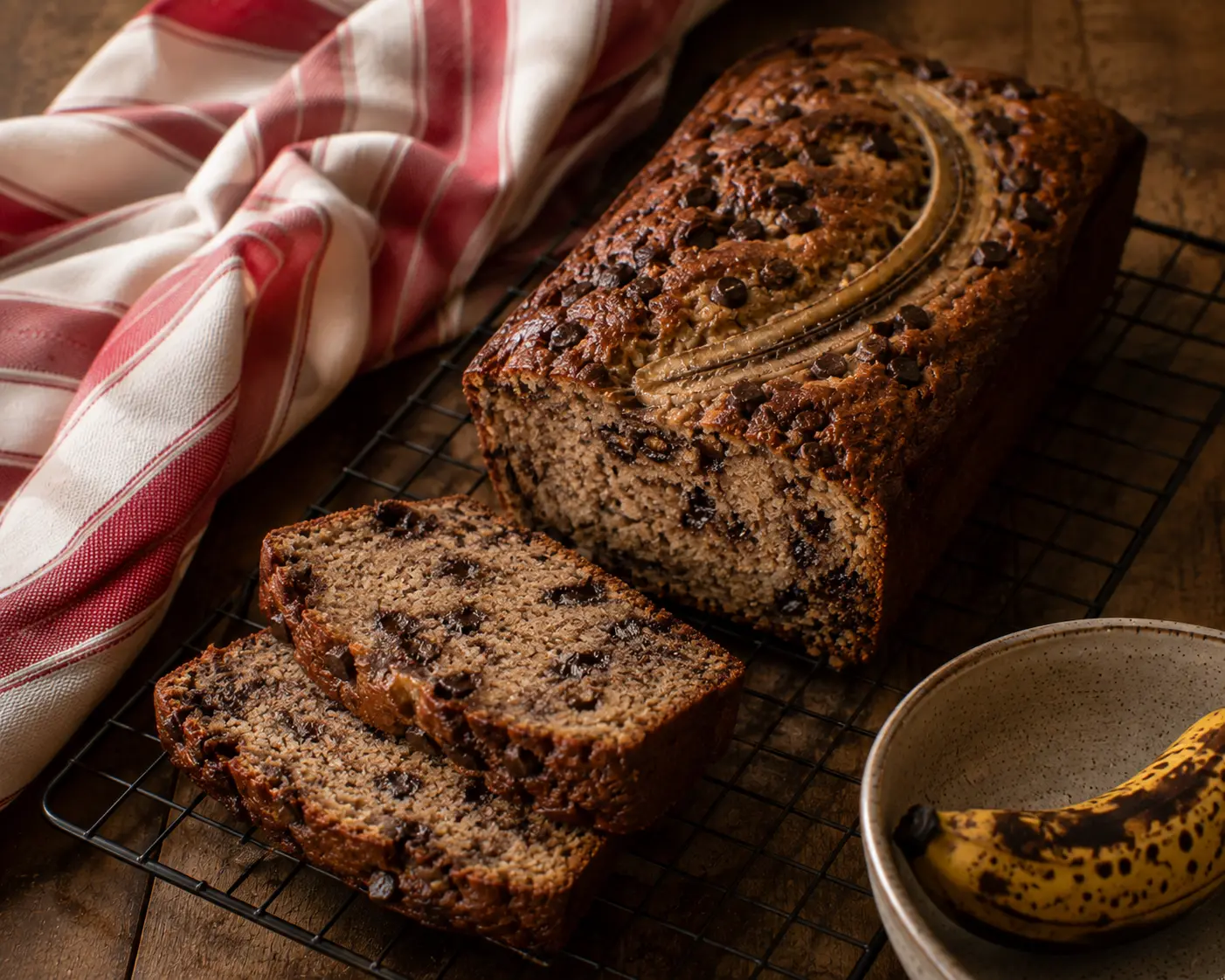Banana bread moelleux tranché sur grille de refroidissement