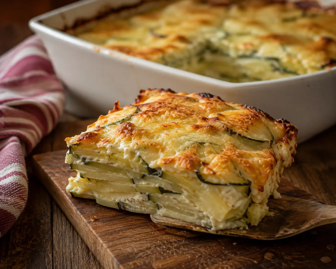 Portion de gratin de courgettes et pommes de terre découpée révélant une texture fondante