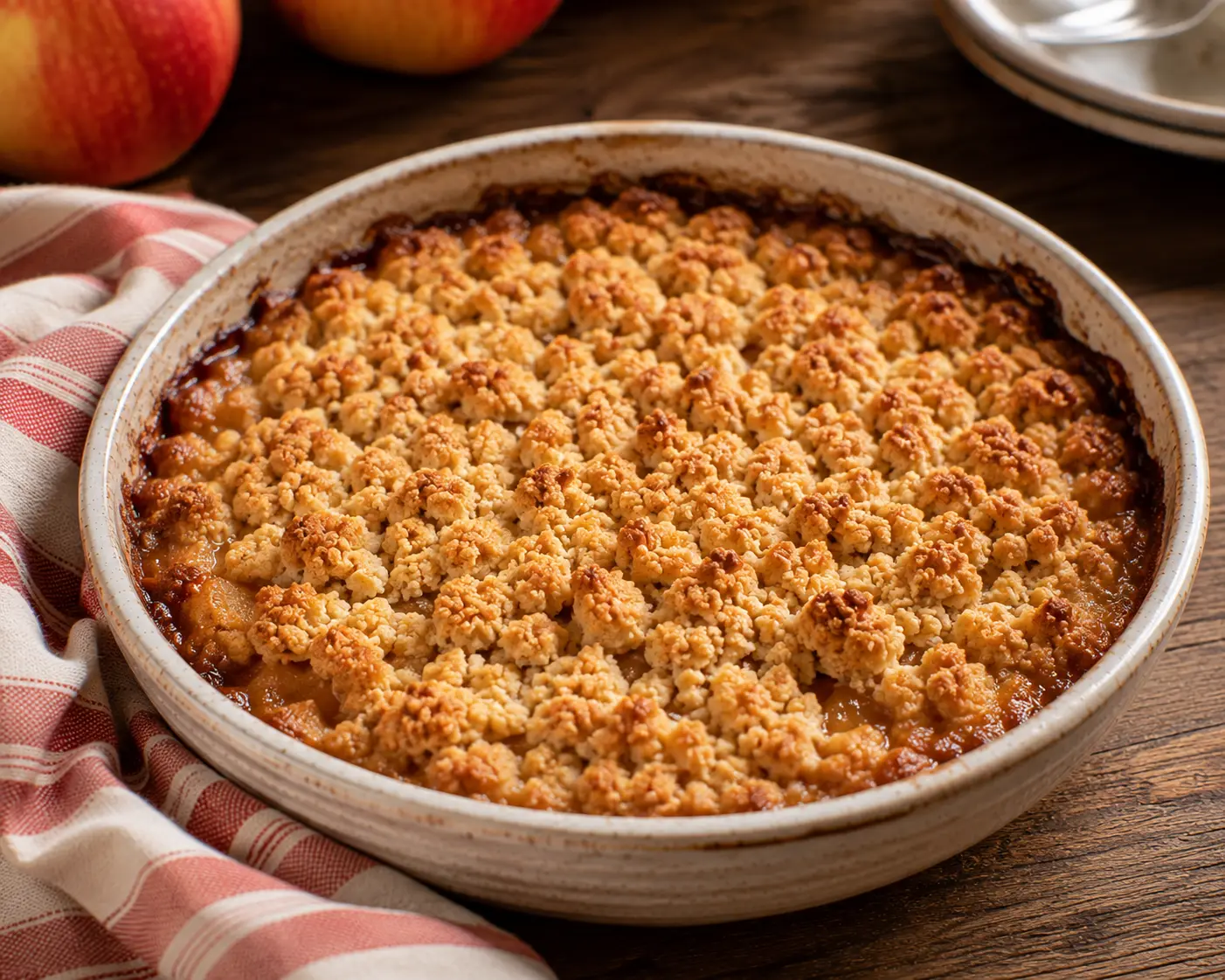 Crumble aux pommes servi avec une boule de glace vanille