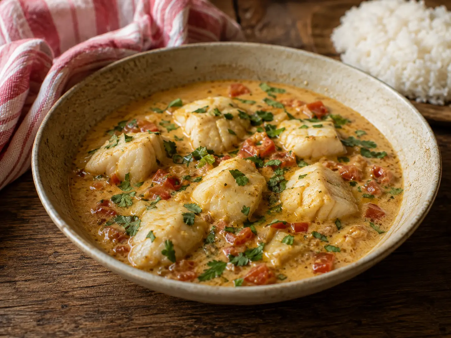 Lotte au curry et au lait de coco servie dans un bol avec riz et coriandre fraîche