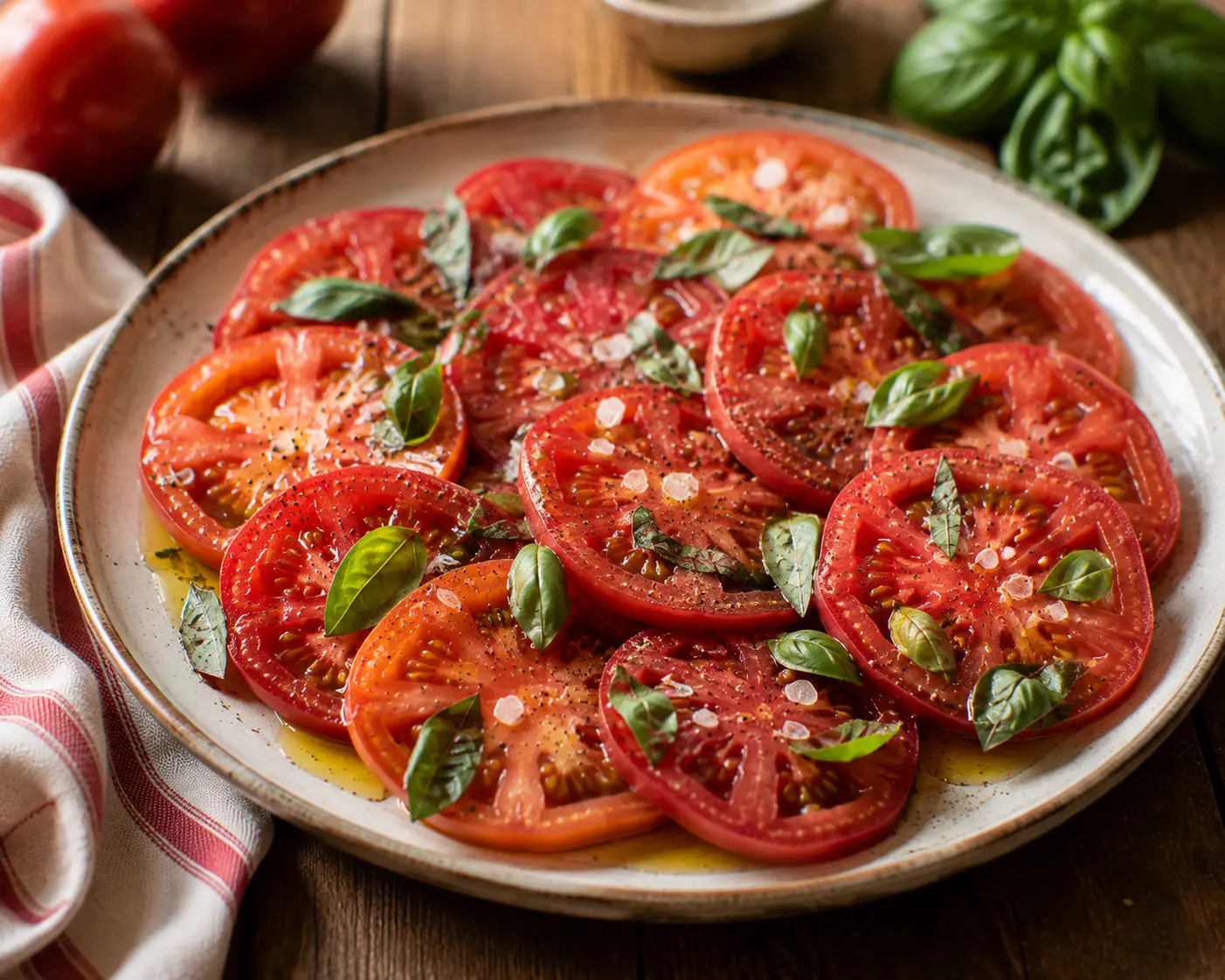 Salade de tomates tranchées assaisonnée d'huile d'olive et de basilic frais