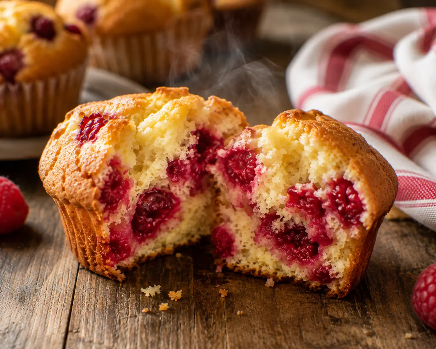 Muffin aux framboises coupé en deux montrant une mie moelleuse et un chapeau doré