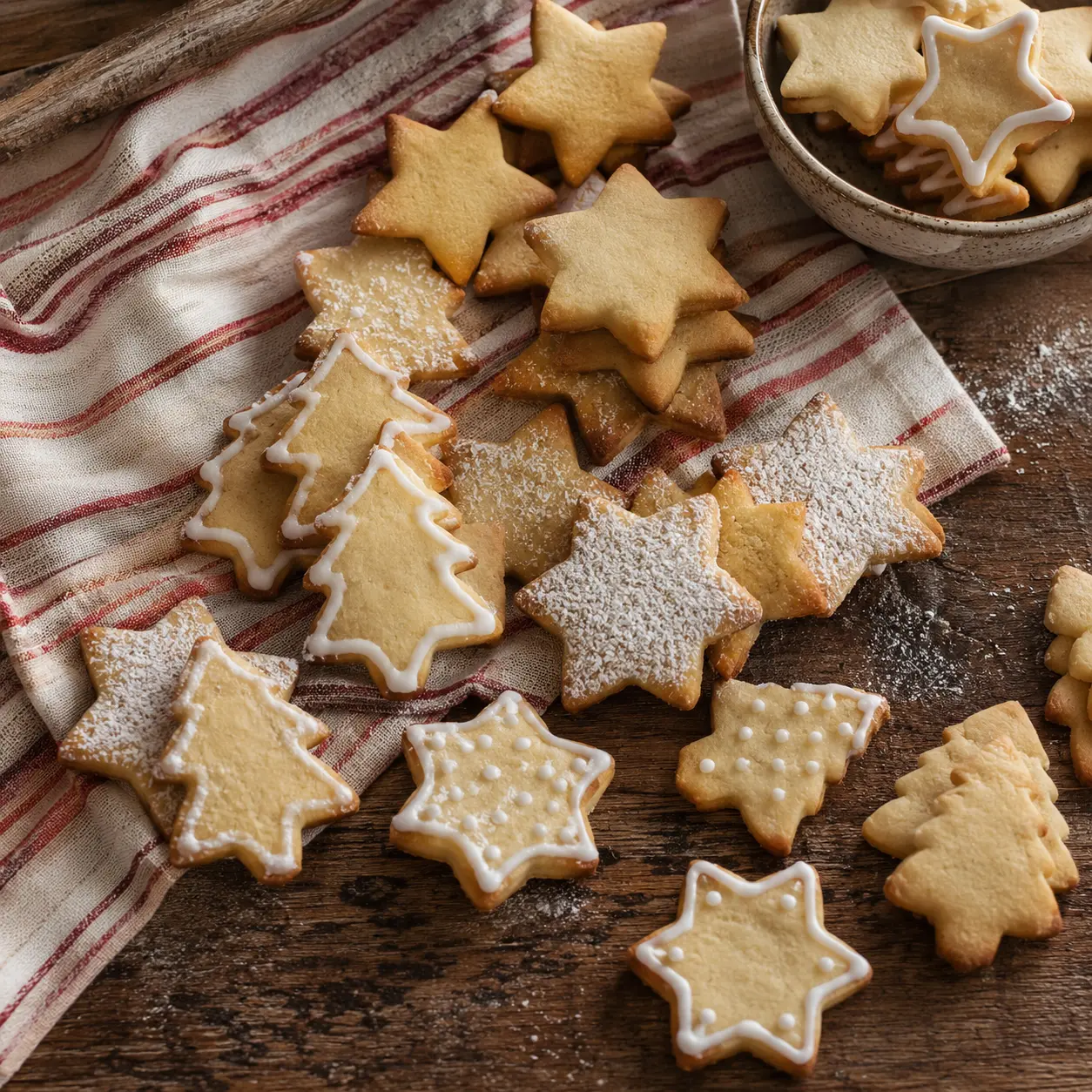 Sablés de Noël dorés en forme d'étoiles et de sapins avec glaçage