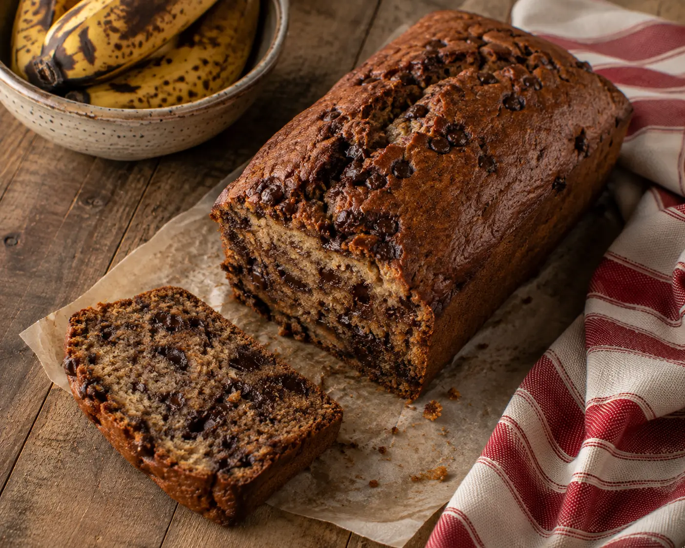 Banana bread moelleux tranché avec pépites de chocolat