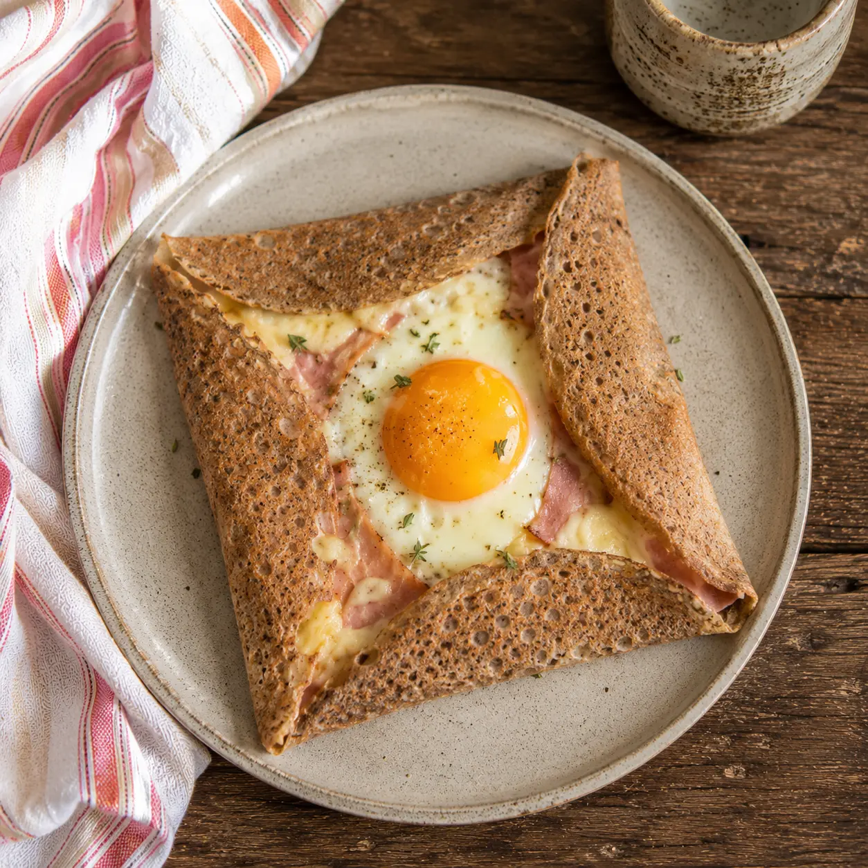 Galette complète au sarrasin pliée avec jaune d'œuf coulant