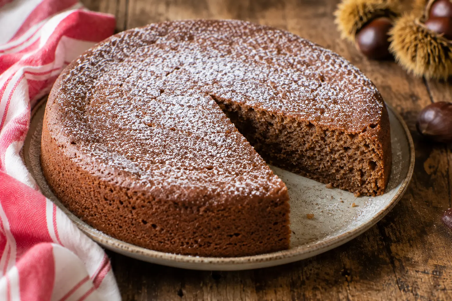 Gâteau à la farine de châtaigne tranché montrant une mie moelleuse