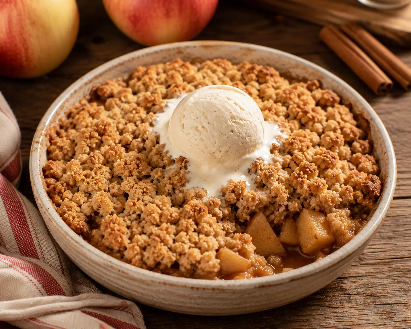 Crumble aux pommes doré avec une boule de glace vanille