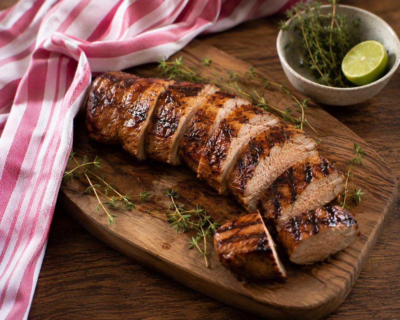 Filet mignon de porc mariné tranché sur une planche en bois avec légumes grillés