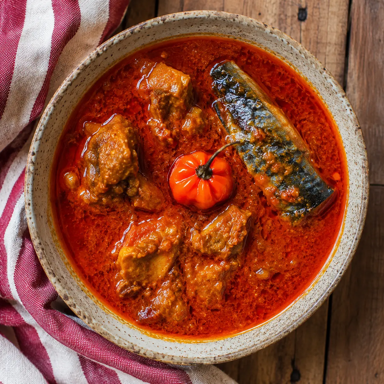 Sauce graine ivoirienne rouge et brillante avec viande et poisson fumé