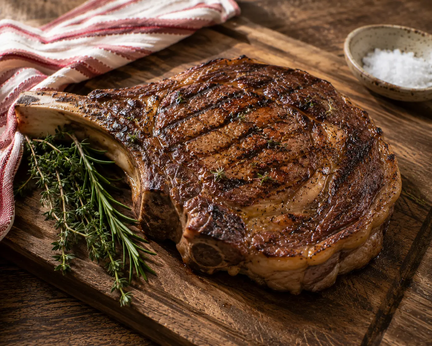 Côte de bœuf entière avec croûte caramélisée reposant sur une planche en bois