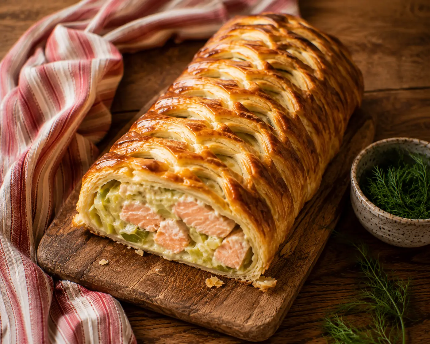 Feuilleté tressé de saumon aux poireaux tranché révélant la garniture crémeuse