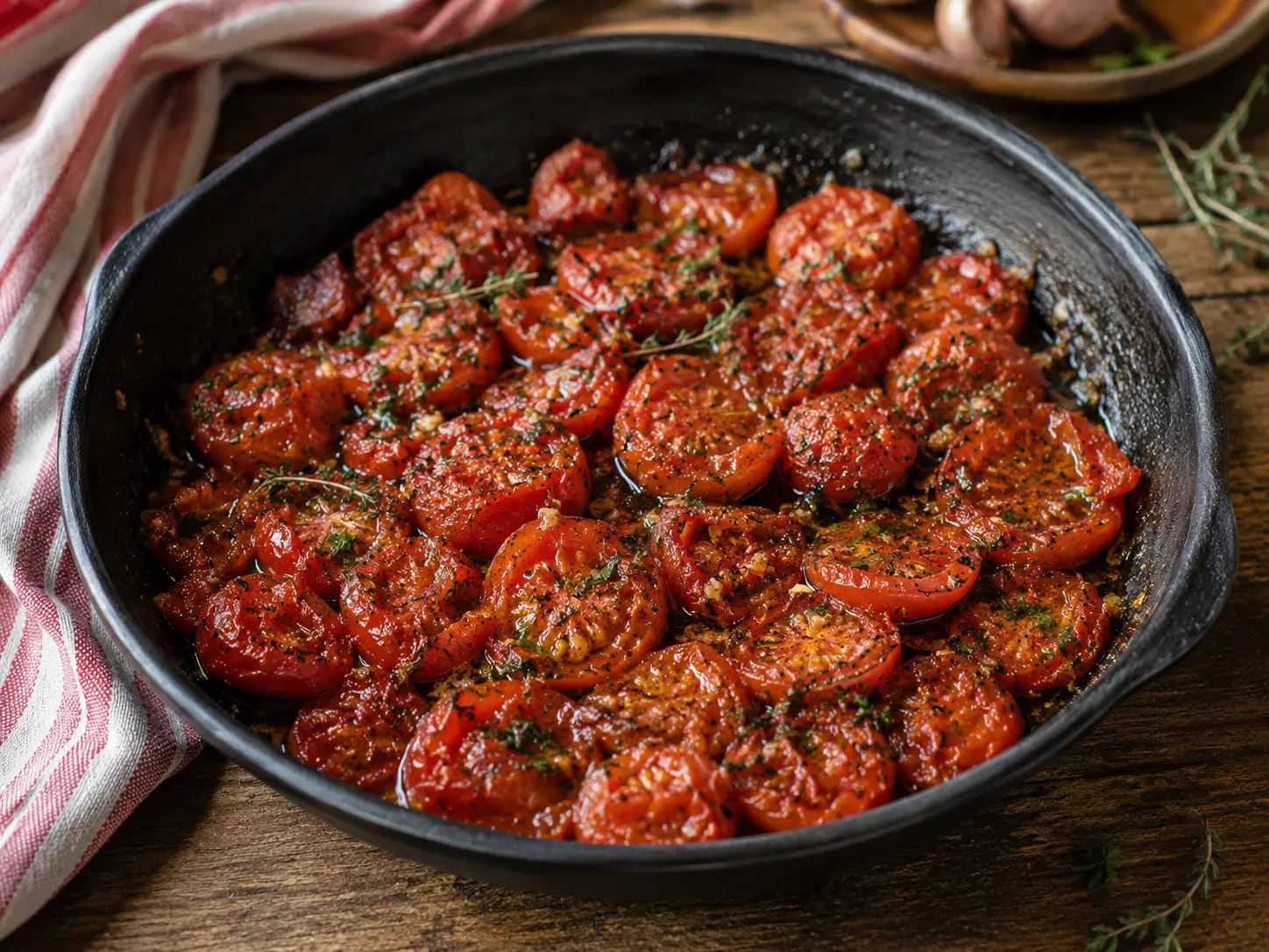 Tomates provençales presque confites servies directement dans la poêle