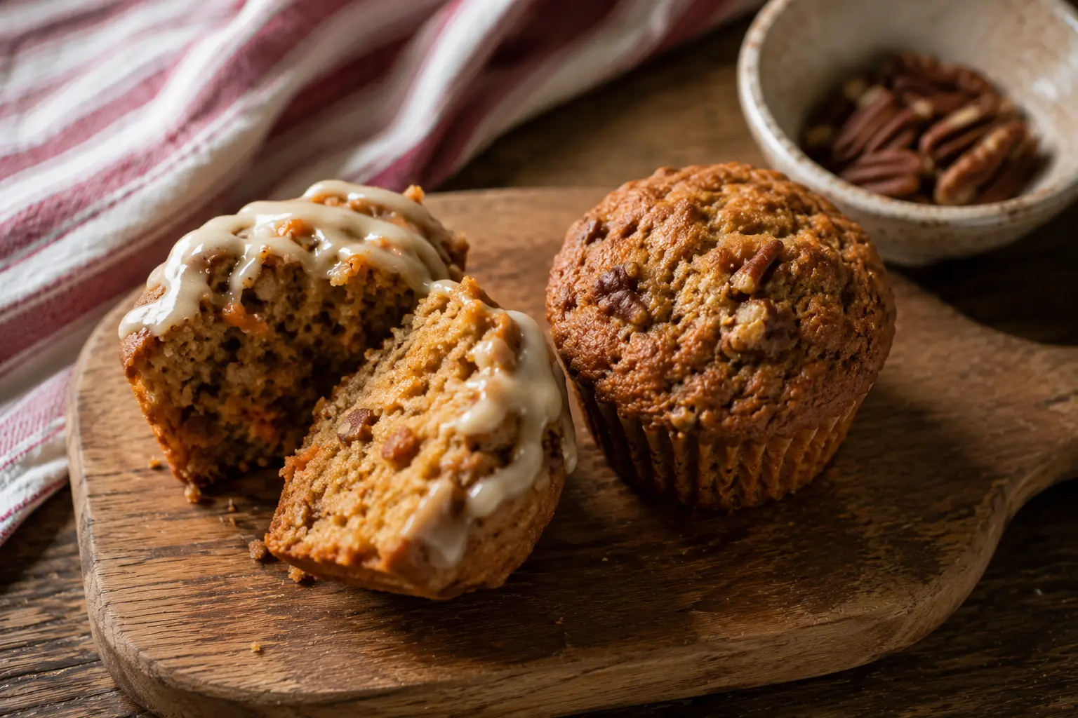 Muffin aux carottes coupé en deux révélant une mie moelleuse et parfumée