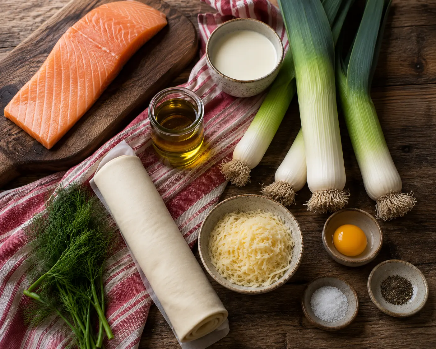 Ingrédients du feuilleté de saumon aux poireaux prêts à être cuisinés